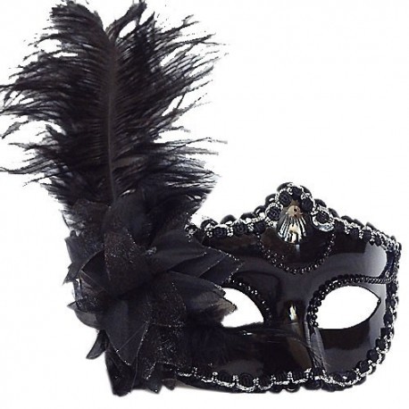 Venezianische Maske in Schwarz. Die Maske wird mit einem Satinband am Hinterkopf geknotet.